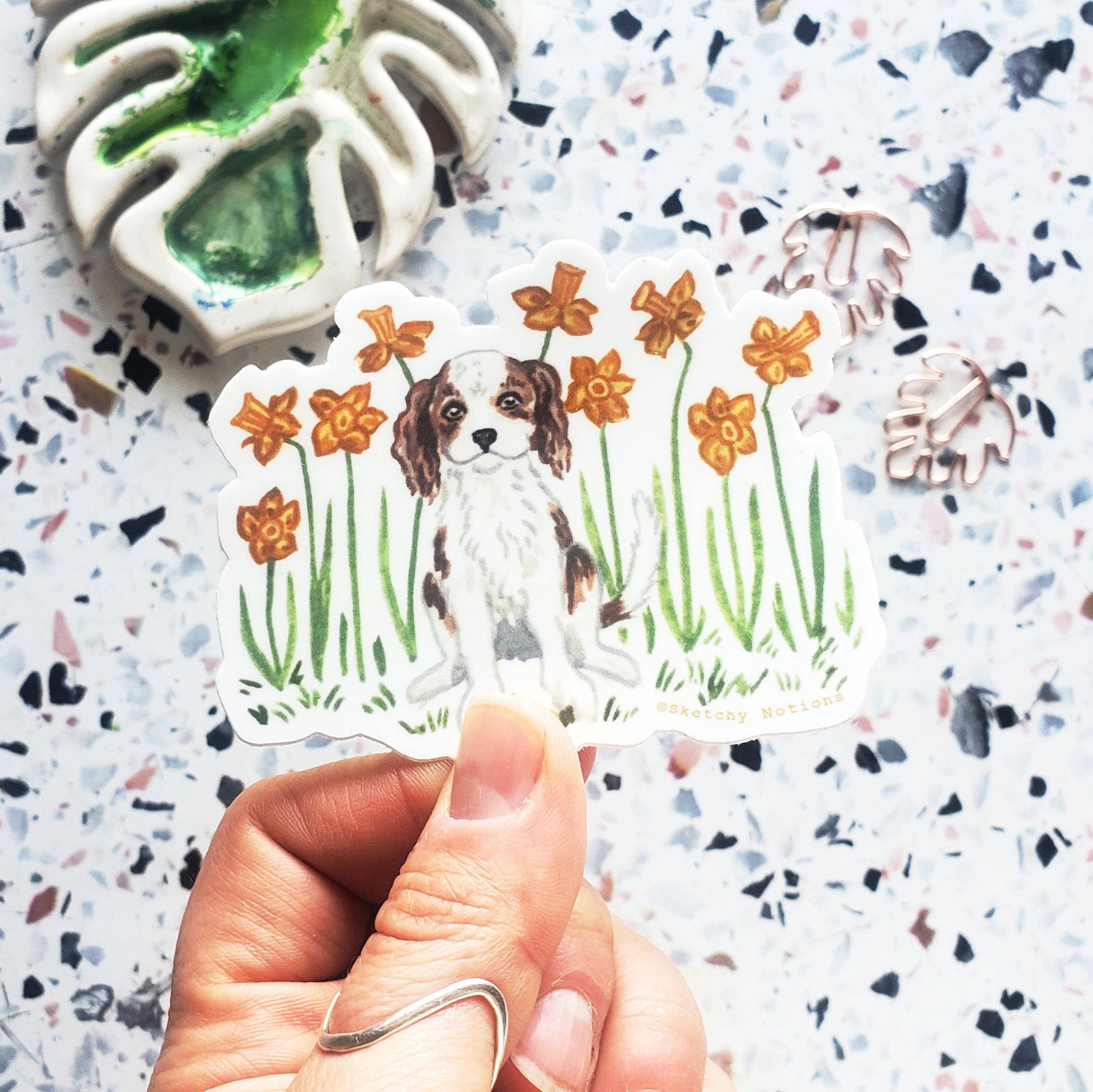 Sketchy Notions - Venta al por mayor Pegatina - Pegatina 3 con diseño de perro y flor, diseño de Cavalier King Spaniel con narciso1