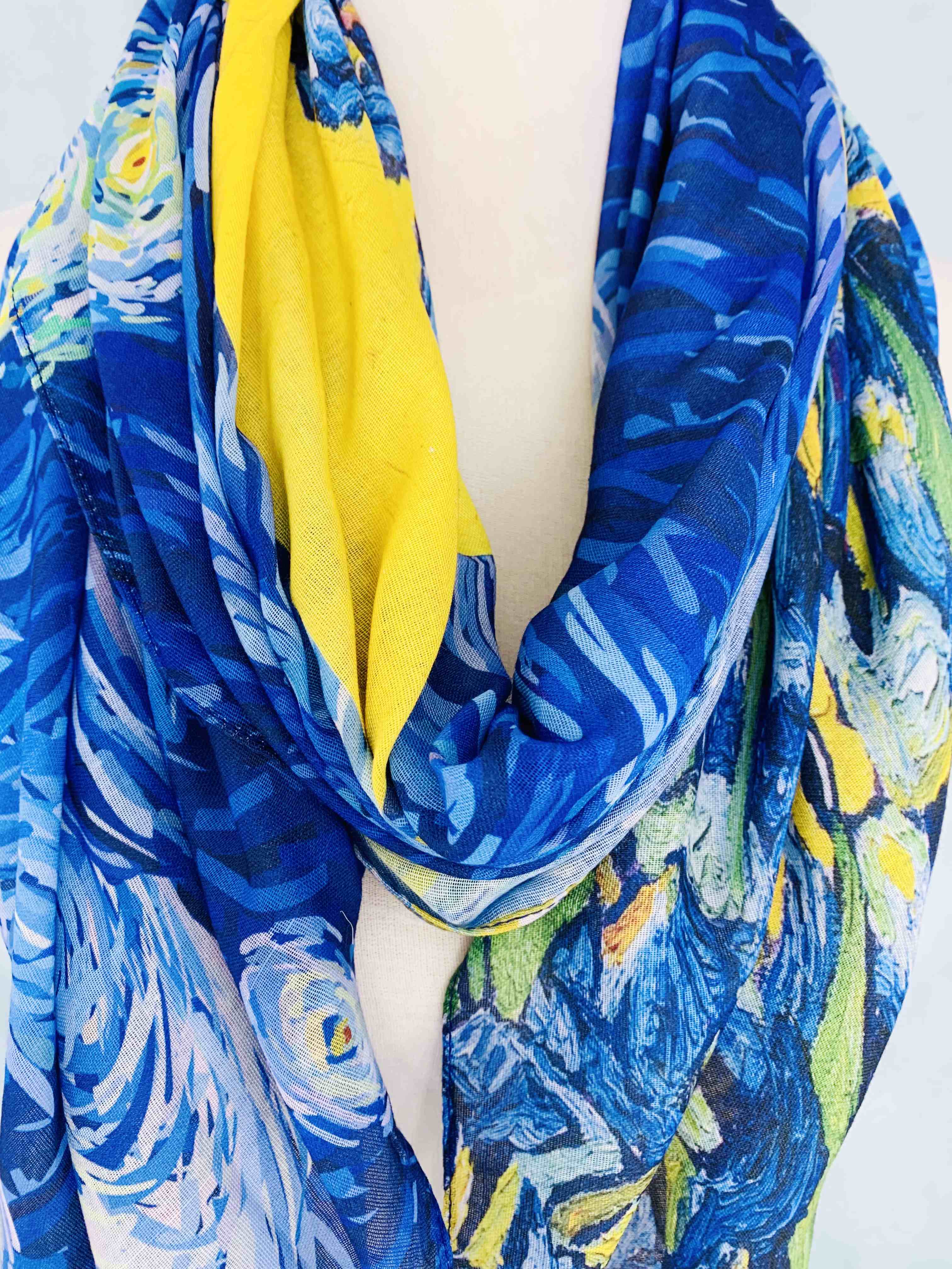 JC Sunny Fashion – wholesale Scarf – Women's – JC071119 Blue-Yellow Starry Night & Irises Scarf2