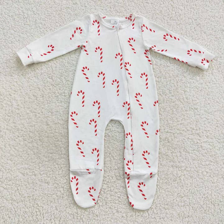 Baby Girls Candy Cane Long Sleeve Footie Zip Rompers for wholesale by Aier Wholesale