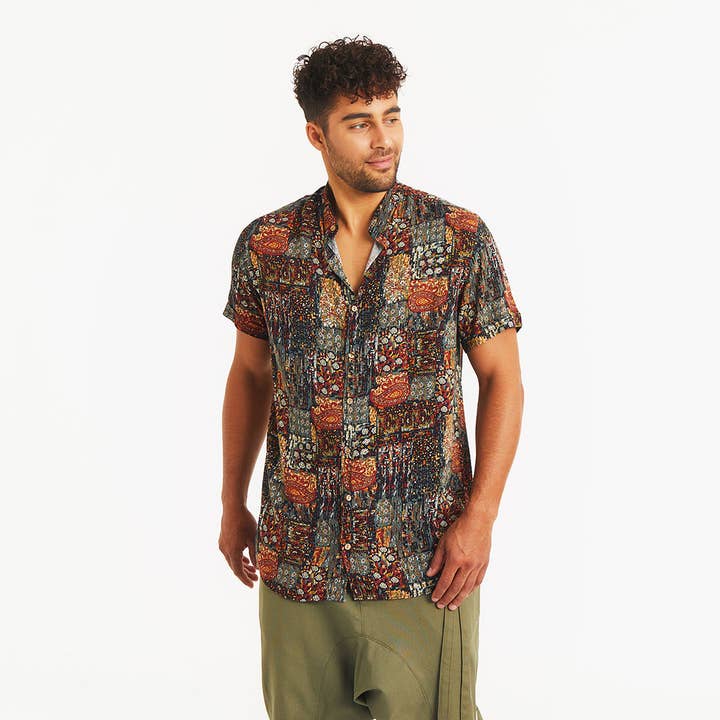 Camisa masculina Boho com gola mandarim meia manga por atacado de Los Banditos