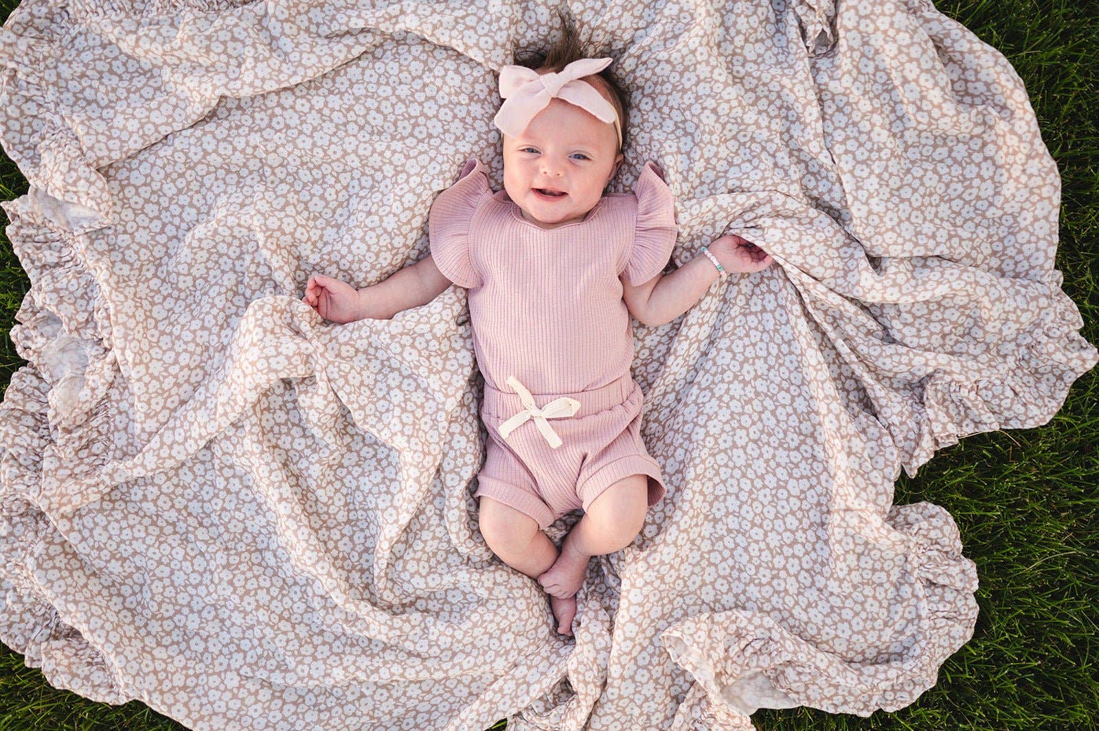 Harp Angel Boutique - Wholesale Swaddle - Baby - Muslin Swaddle Blanket - Mocha Ditsy Floral Ruffle1