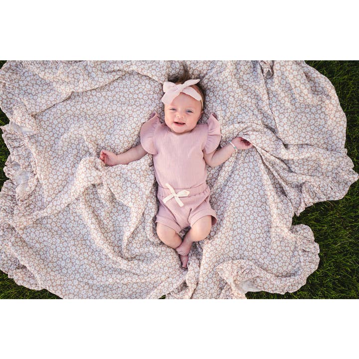 Harp Angel Boutique - Wholesale Swaddle - Baby - Muslin Swaddle Blanket - Mocha Ditsy Floral Ruffle1