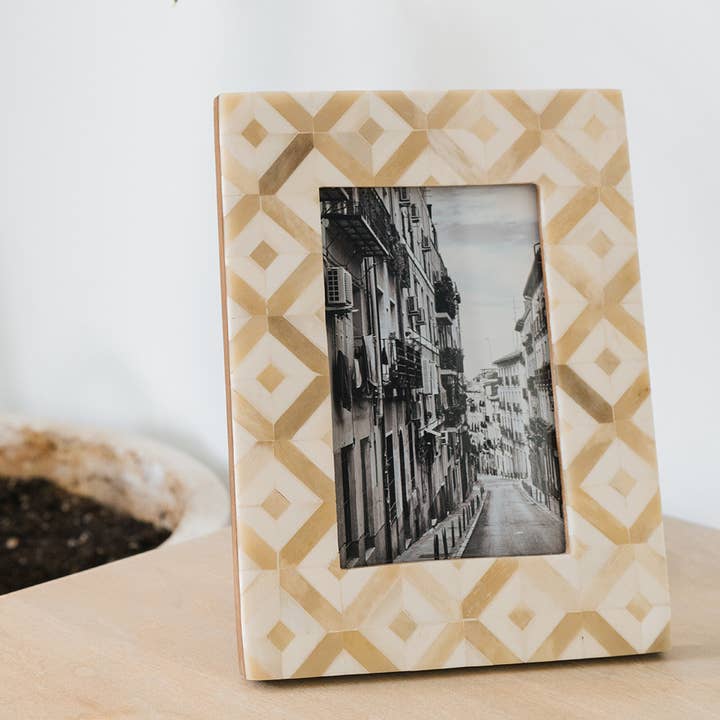 Matr Boomie Fair Trade - Wholesale Picture Frame - Dari Sandstone Mosaic 4x6 Picture Frame - Hand Carved Bone2