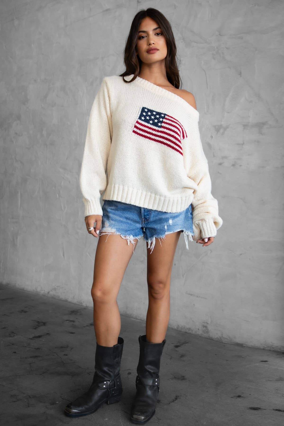 TICTOC - Wholesale Knit Sweater - Women's - BRANDI American Flag Knit Off The Shoulder Boat Neck Sweater