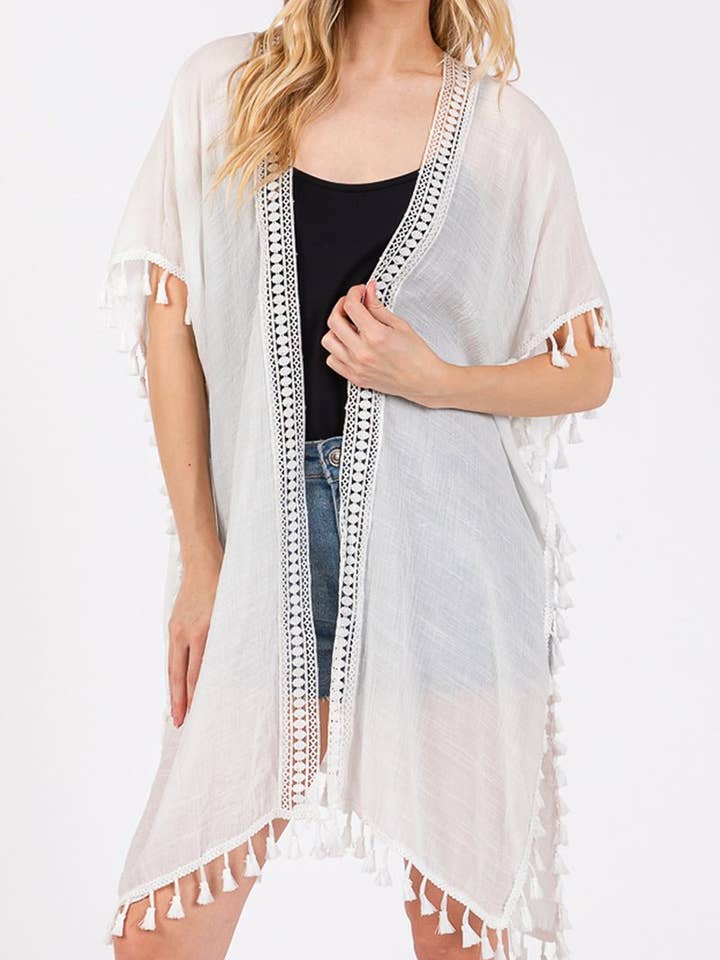 Palma Cafe White Crochet & Tassel Kimono for wholesale by Wholesale Accessory Market