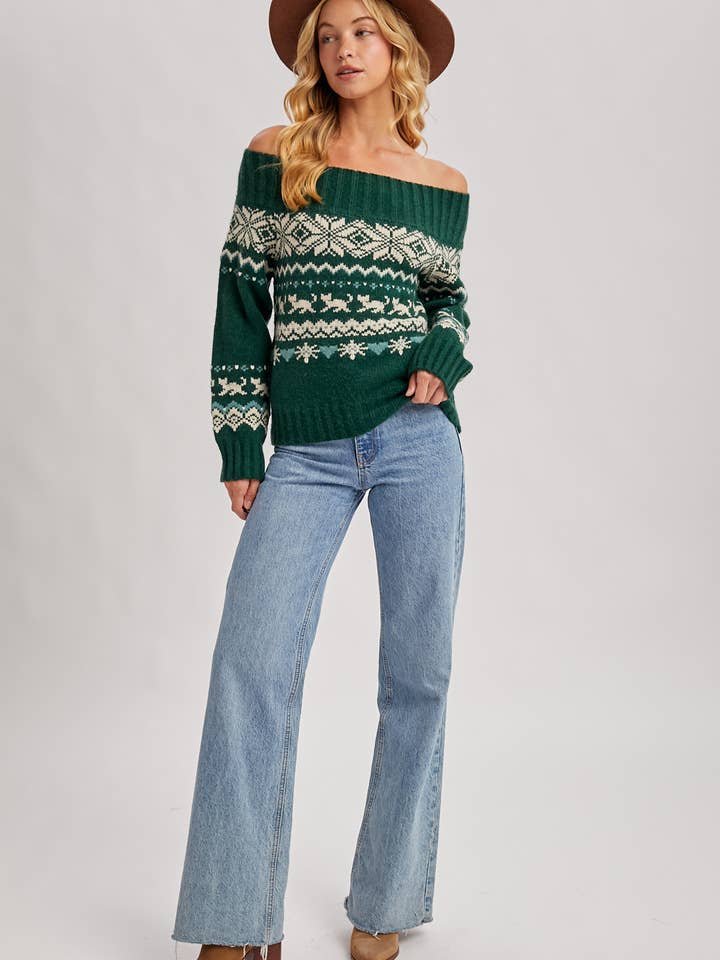 Bluivy - Wholesale Knit Sweater - Women's - FAIR ISLE OFF SHOULDER KNIT SWEATER - HOLIDAY18