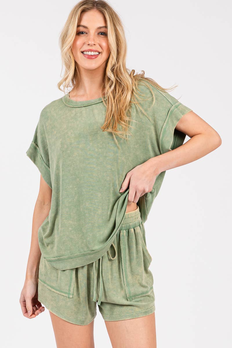 Sewn and Seen - Wholesale Lounge Set - Women's - MINERAL WASHED TOP AND SHORTS RIB SET 31