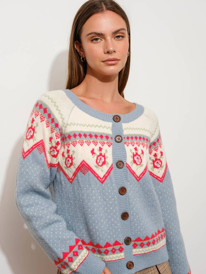 DUSTY BLUE VINTAGE MOTIF CARDIGAN for wholesale on Faire