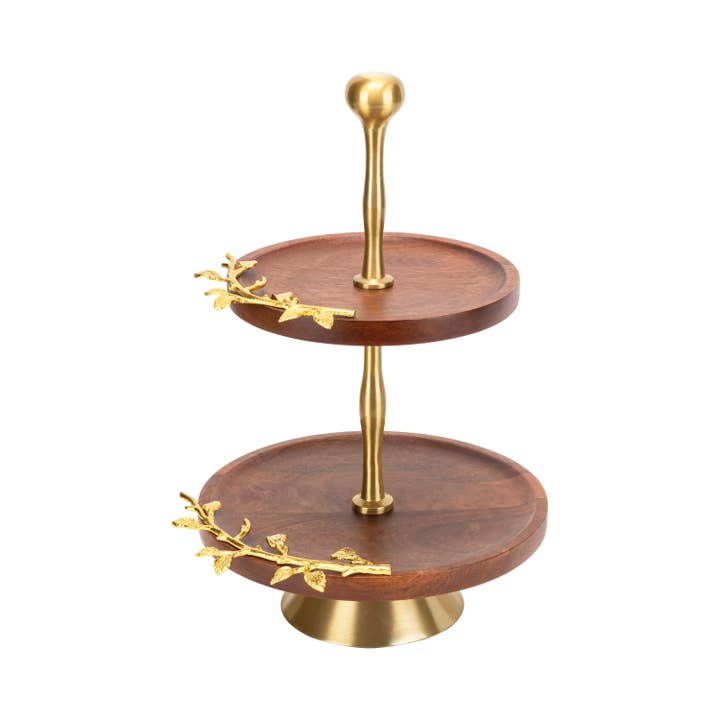 Elegance - Wholesale Decorative Tray - Golden Vine Wooden 2-Tiered Tray Stand