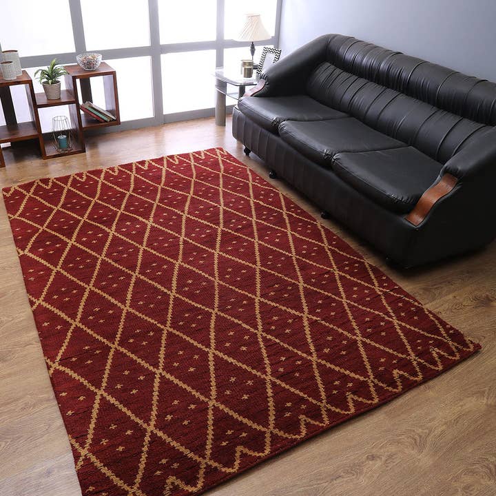 Hand Knotted Wool Area Rug Geometric Red Gold N01118 for wholesale on Faire1