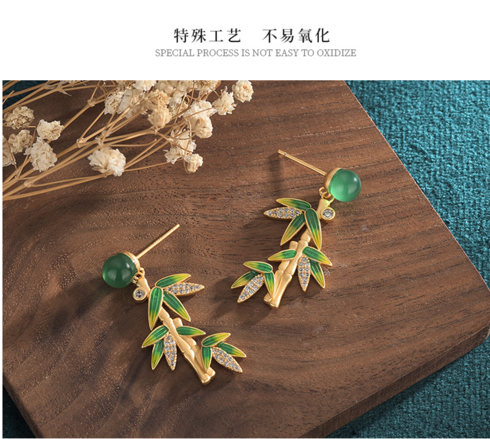 Bright MacMing - Vente Boucles d'oreilles pendantes - Boucles d'oreilles en bambou calcédoine naturelle de style asiatique4