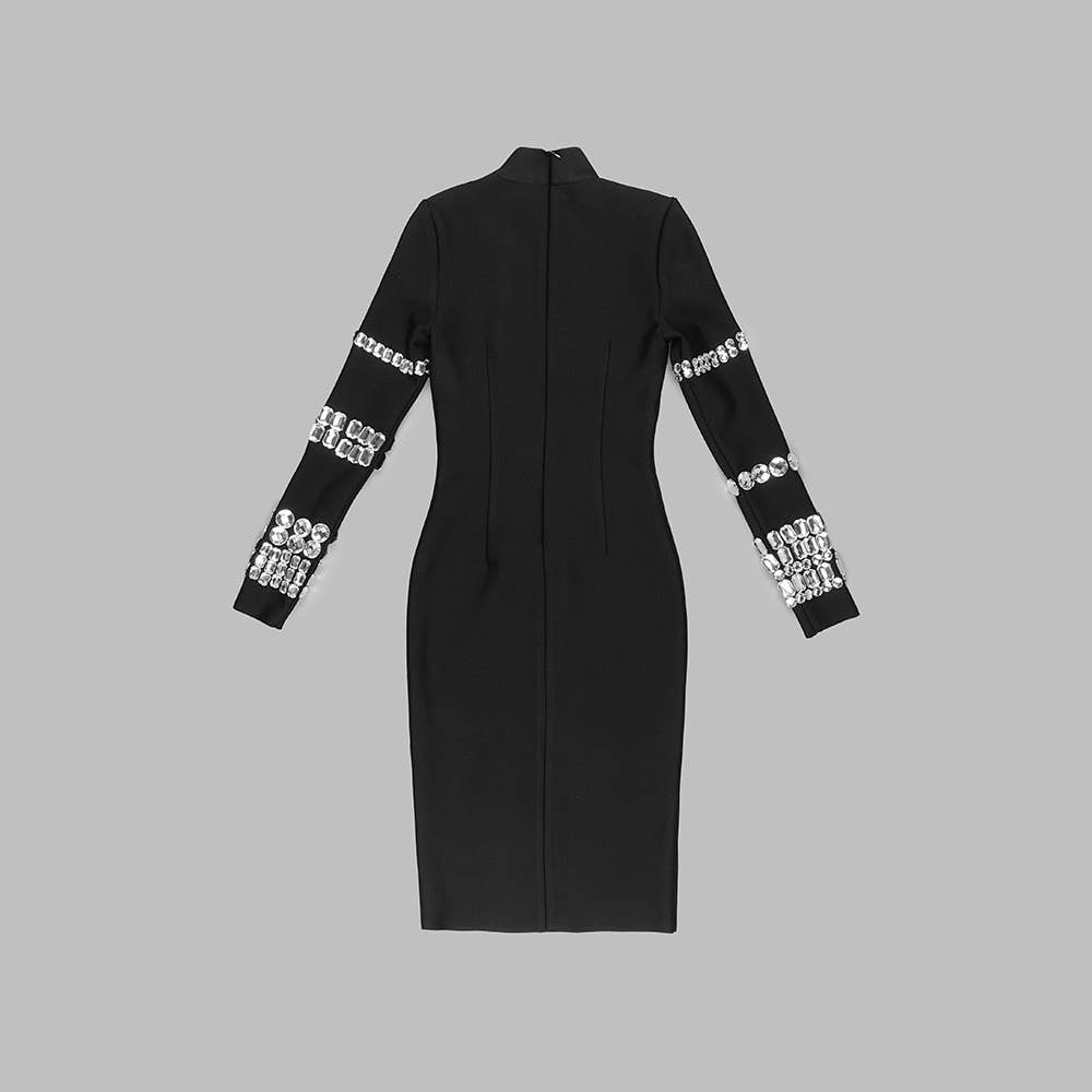Black DR048 Studded Long Sleeve High Neck Bandage Knit Dress for wholesale on Faire0