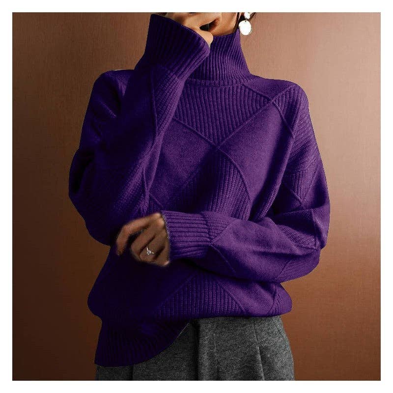 FurDecoration - Wholesale Pullover-trui - Dames - Losse, effen gekleurde diamanttrui met hoge hals0