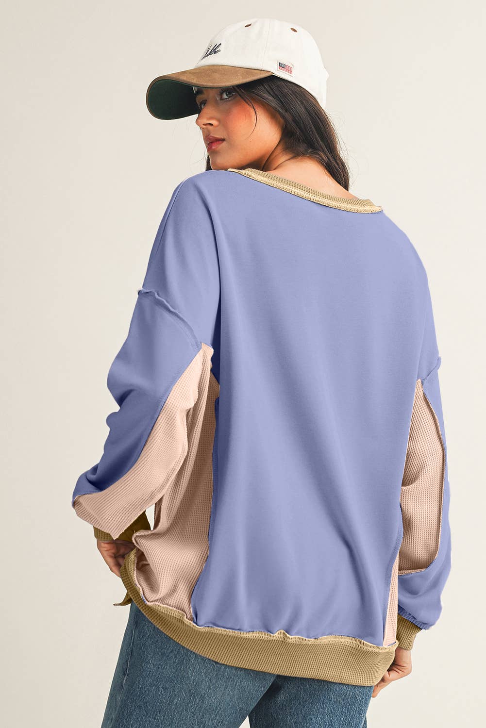 Little Daisy Closet - Wholesale Sweatshirt - Women's - Block Mix Texture Waffle Patchwork Oversize Sweatshirt 7