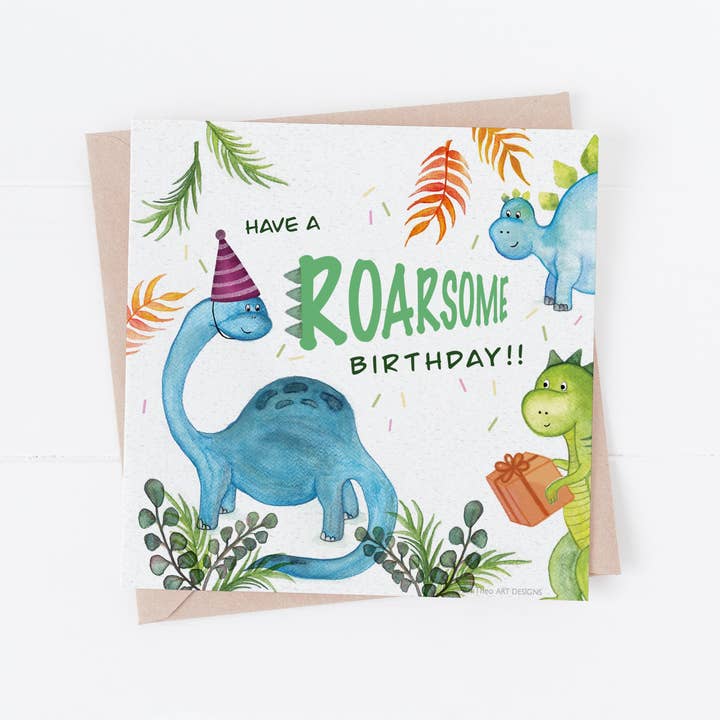 Dino birthday card for wholesale by AmTheo Art Designs