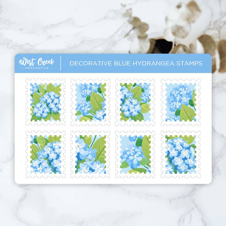 Foglio adesivo con timbri decorativi a forma di ortensia blu per agende per la vendita all'ingrosso da parte di West Creek Mercantile