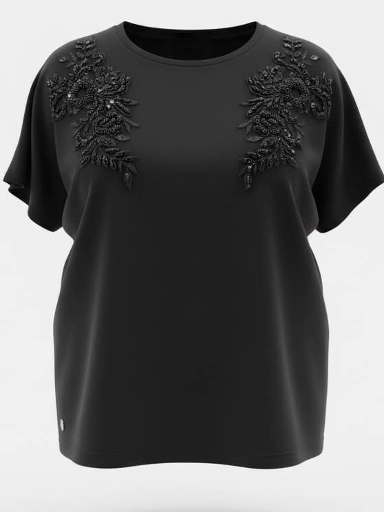 TOP IN JERSEY NERO WF2597 CON DETTAGLI IN RETE, PERLINE E PAILLETTES per la vendita all'ingrosso da parte di Malissa J Collection