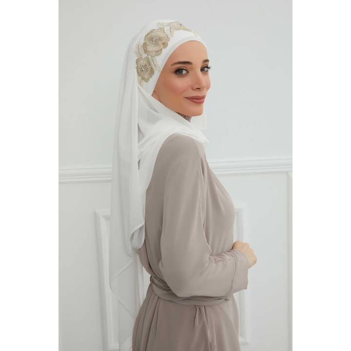 Aisha's Design - Wholesale Hijab – Women’s - Luxury Instant Chiffon Hijab with Floral Lace, Ready-to-Wear Chiffon Hijab with Embroidered Flowers,CPS-10127