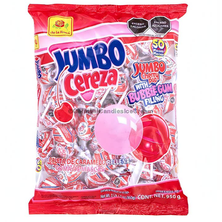 Jumbo Cherry Bubble Gum Lollipop Mexican Candy (50 Count) for wholesale by Carnival Candies & Ice Cream Inc.