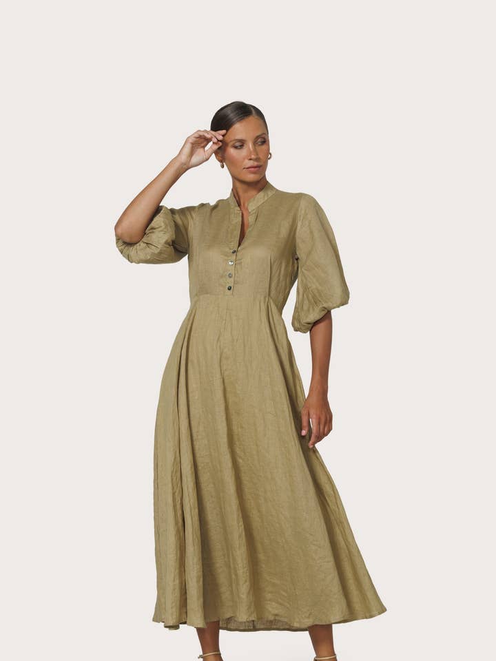Kenny Linen Maxi Dress Cafe for wholesale by Lusana