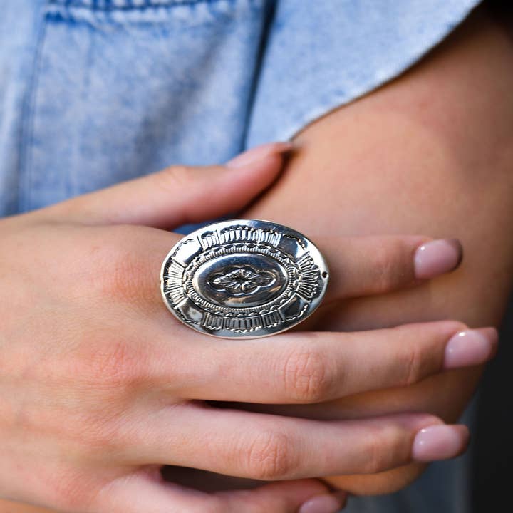 West & Co. - Wholesale Cocktail/Statement Ring - Adjustable Large Stamped Silver Concho Ring1