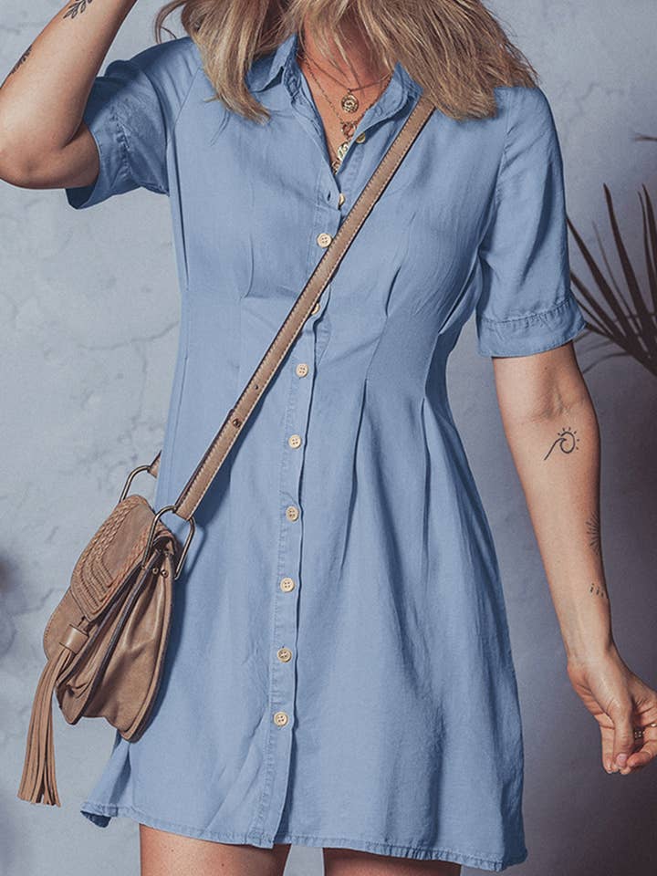 Myosotis Denim Pleated Slim Waist Short Sleeve Shirt Dress for wholesale on Faire2