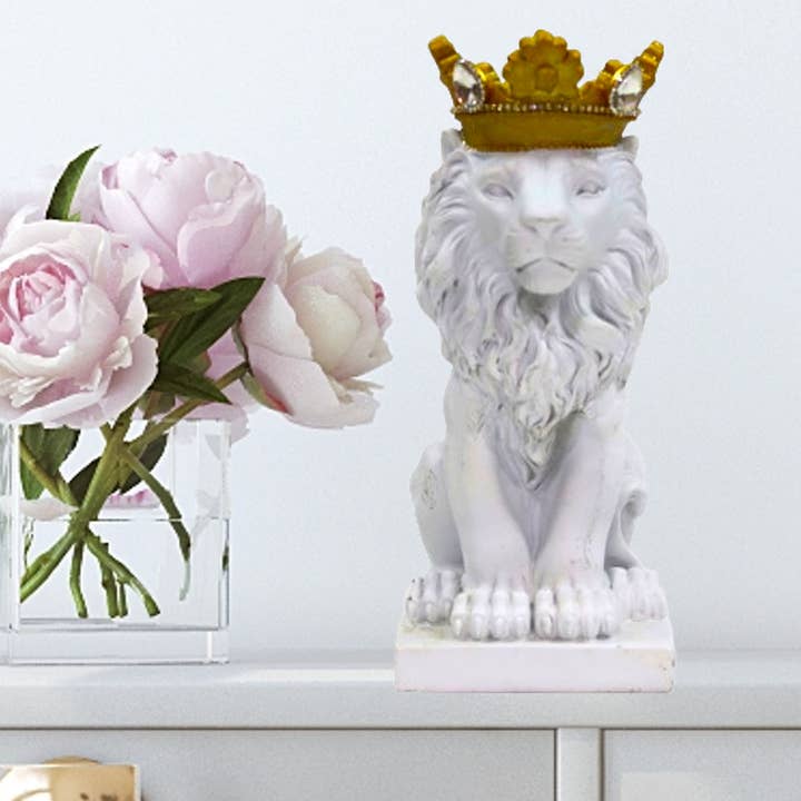 White Lion with Gold Jeweled Crown - 8" for wholesale by Amazyng Decor