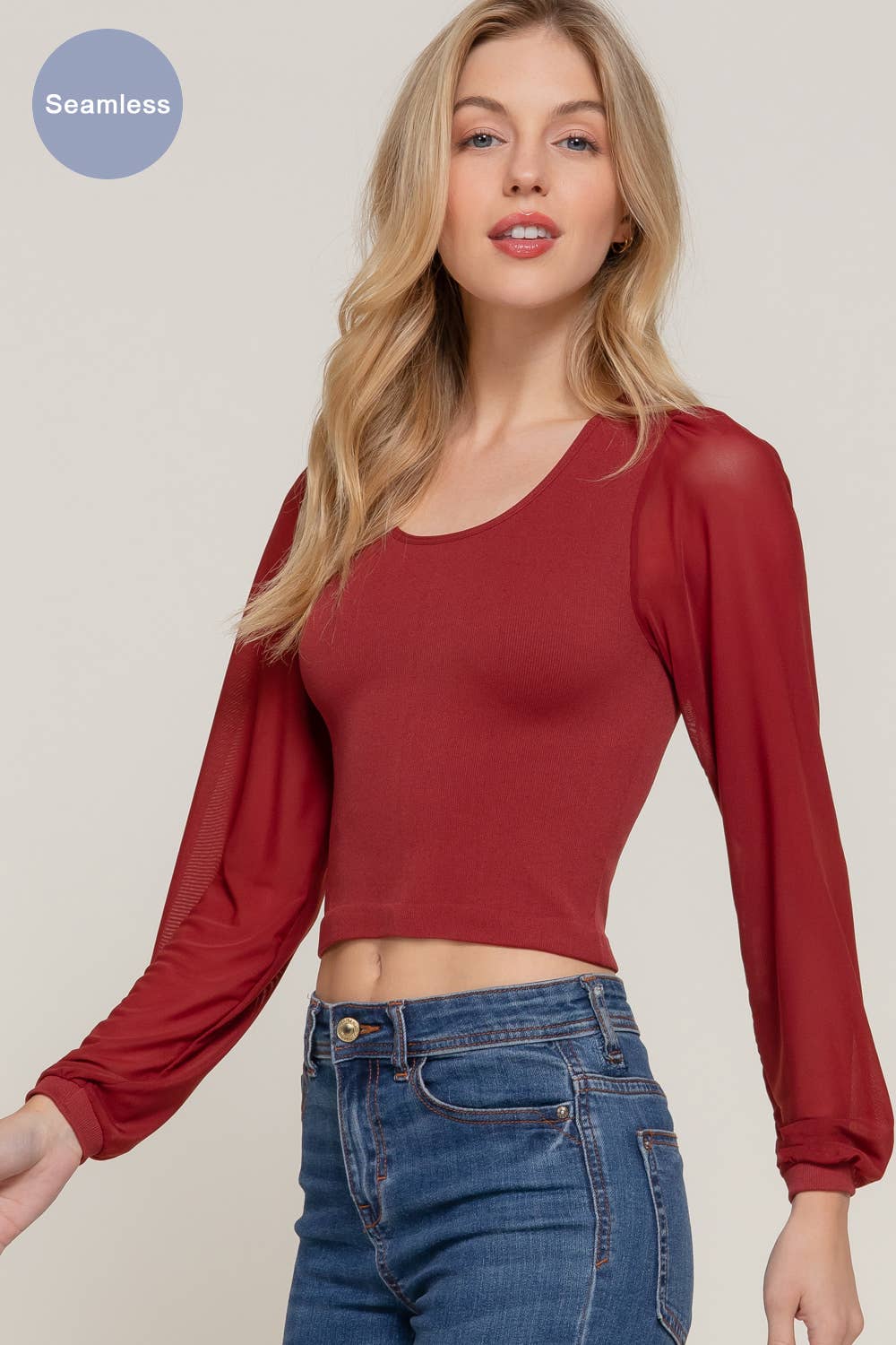 Active Basic | Active USA - Wholesale Knit Top - Women's - Mesh Long Sleeve Round Neck Seamless Top14