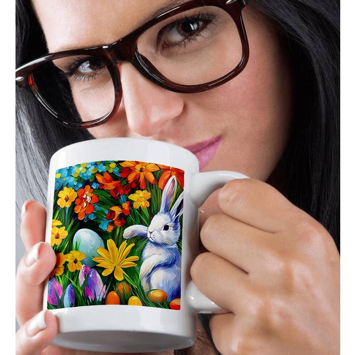 3dRose - Wholesale Coffee Mug - 3dRose, White Easter bunny, eggs, flowers. The magic of the spring garden, Mug9