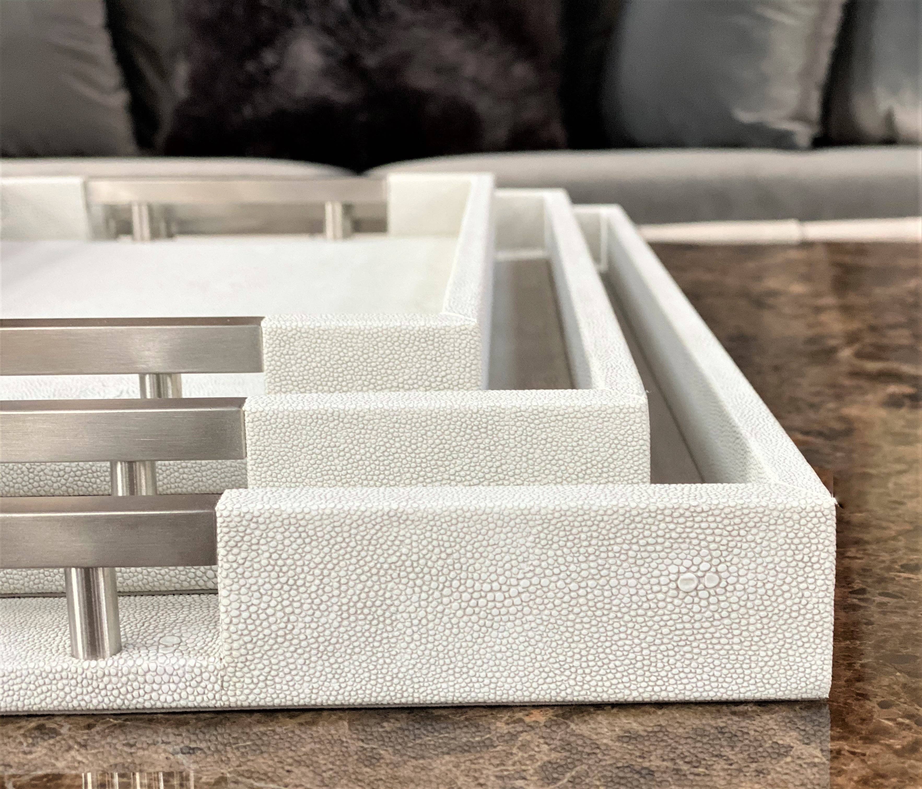One Preevay Luxury Home Furniture & Decor - Wholesale Serving Tray - Thursby Luxury Shagreen Serving Tray | Exotic Embossed Leather | Nickel Handwear10