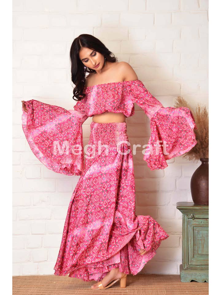 Meghcraft - Wholesale Top & pants set (NOT Loungewear) – Women's - Silk Wide Leg Pant with Bell Sleeve Top Set Women3