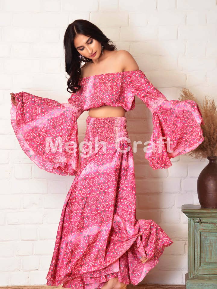 Meghcraft - Wholesale Top & pants set (NOT Loungewear) – Women's - Silk Wide Leg Pant with Bell Sleeve Top Set Women 1