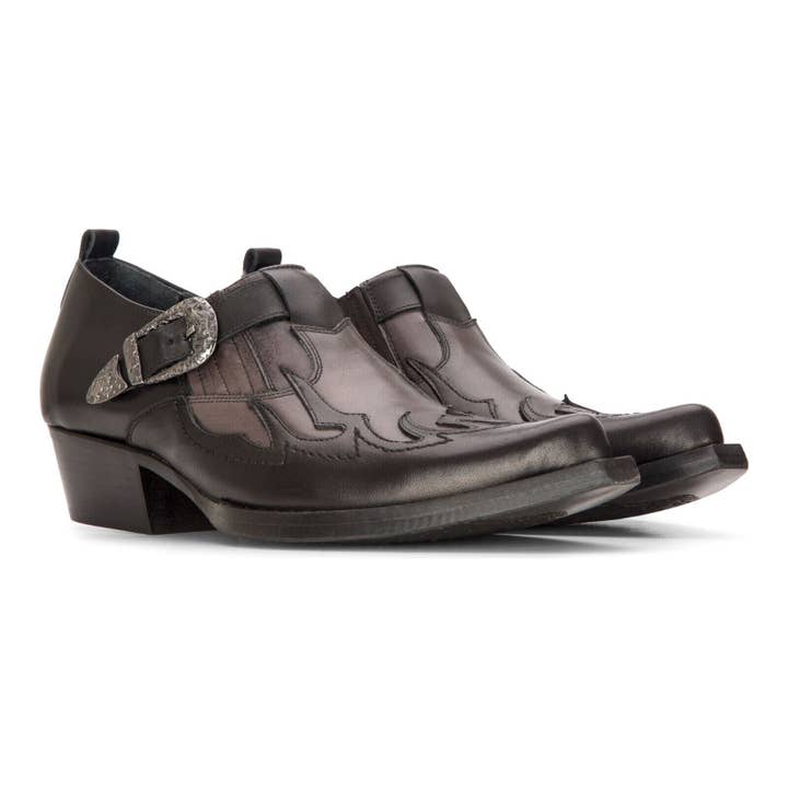 Men's Leather Western Shoes Black Cuban Cowboy Winklepickers Classic Buckle Shoe for wholesale on Faire