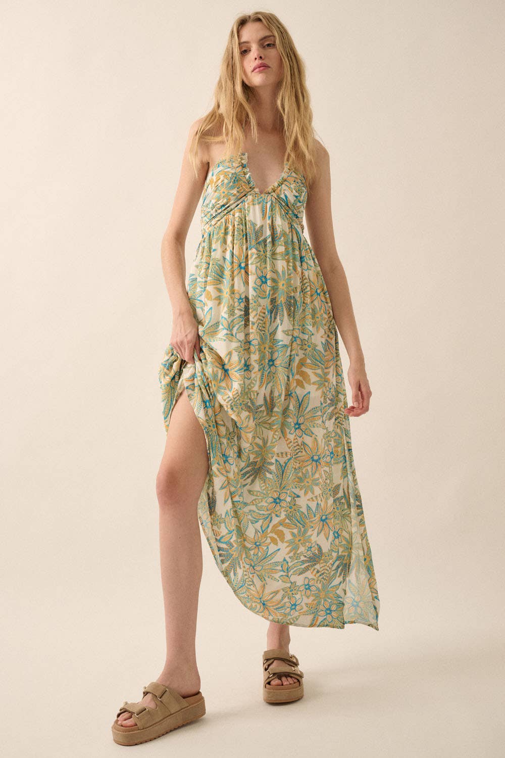 Off White Blue Floral Crepe Tie-Back Halter Maxi Dress for wholesale on Faire3