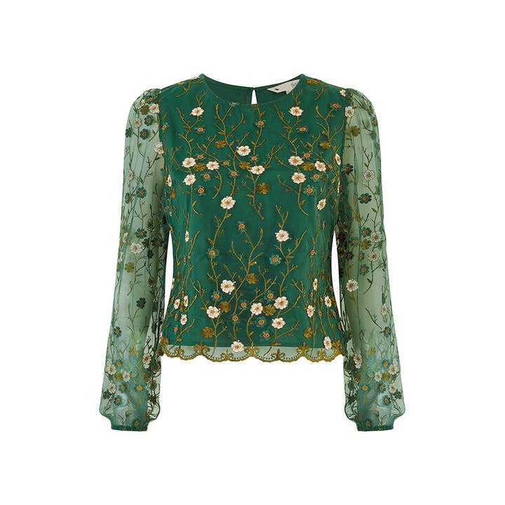 Yumi - Wholesale Blouse - Women's - Green Floral Embroidered Long Sleeve Top