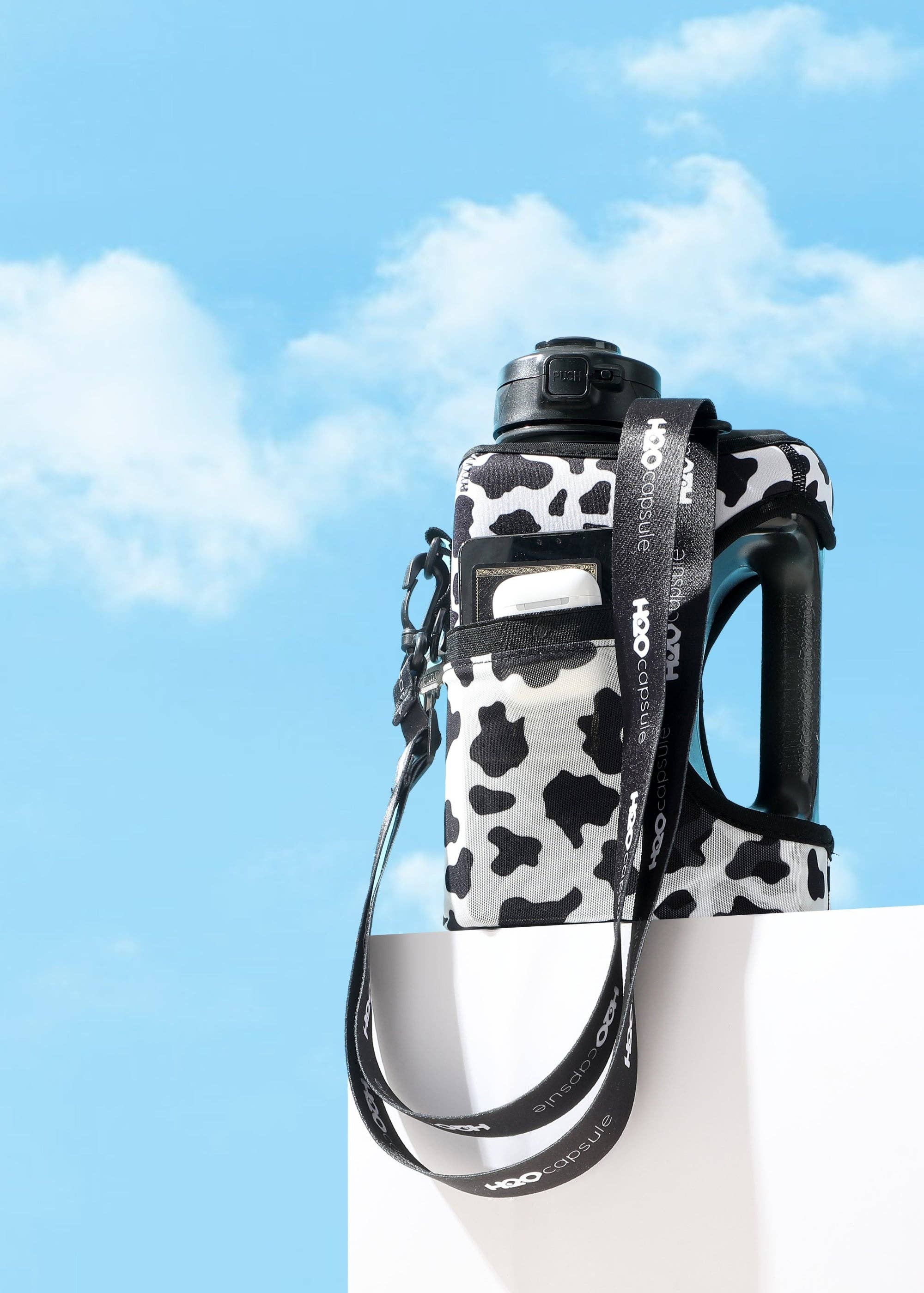 H2O Capsule – wholesale Water bottle – Cow - Cube - Half Gallon Water Bottle with Storage Sleeve and 2 lids4