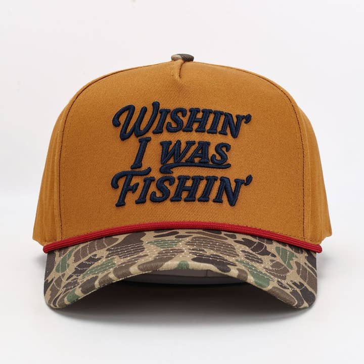 Wishin' I Was Fishin' Hat in Trade Brown & Military Duck Camo for wholesale by Tennessee Outfitters