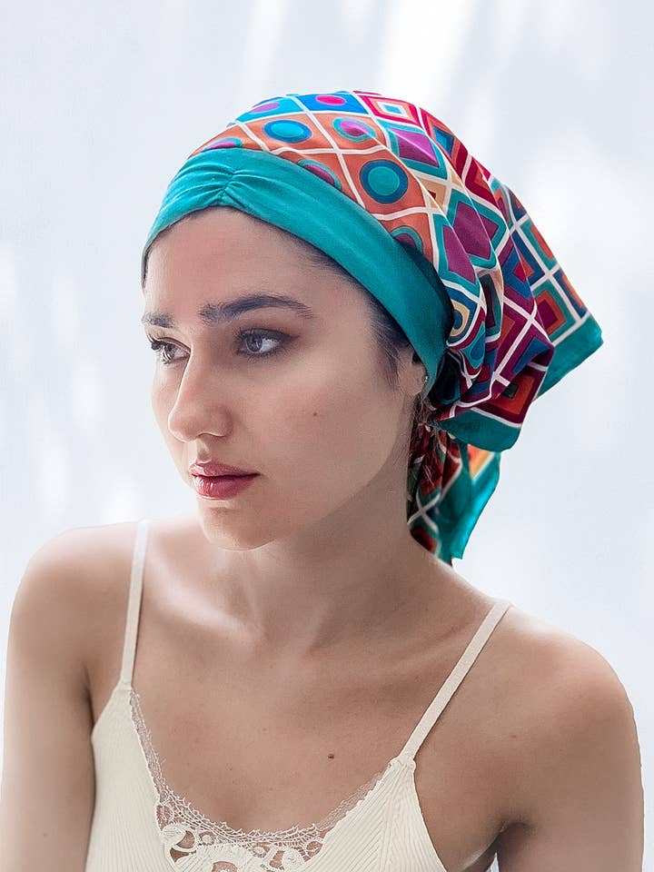 Retro Kerchief Headscarf ~Teal Geometric for wholesale by LuxCare Clothing