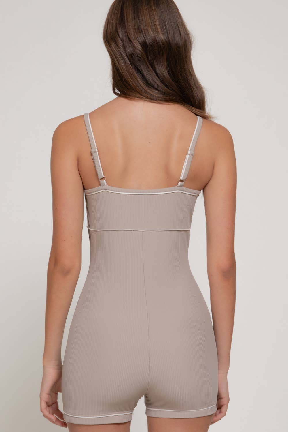 Active Basic | Active USA - Wholesale Romper - Women's - Workout Ribbed Cami Romper with Contrasting Piping Detail4