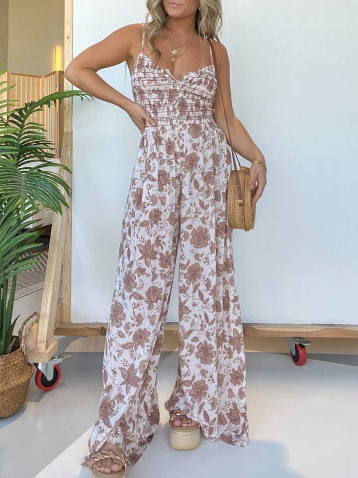 Rosa Clothing - Wholesale Jumpsuit - Women's - Fashionable Floral Print Suspender Wide-Leg Jumpsuit
