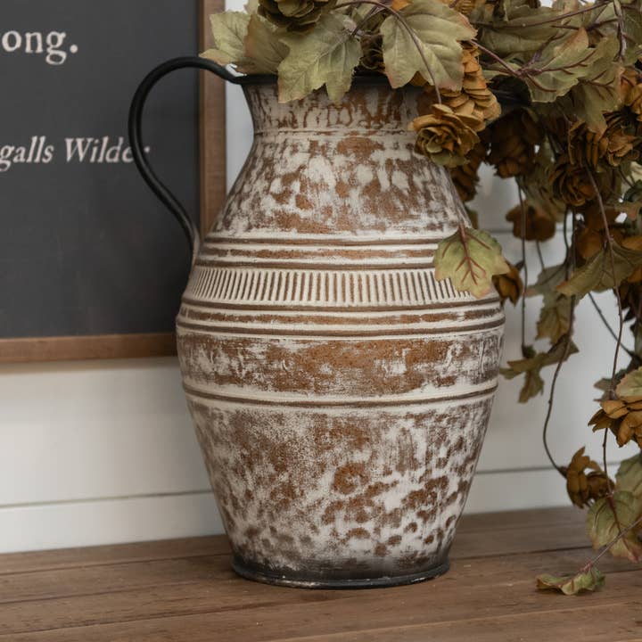 11.5" AGED METAL BROWN & WHITE PITCHER for wholesale by Ragon House