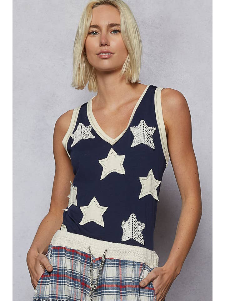 Pol Clothing - Wholesale Tank Top - Women's - V-neck sleeveless front star patches solid basic top SALE