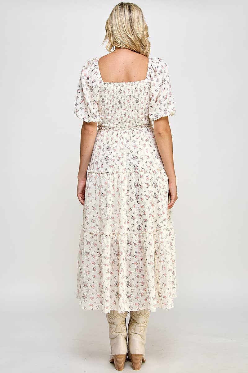 Million Colors - Wholesale Dress - Women's - Hattie Floral Puff Sleeve Square Neck Tiered Midi Dress10