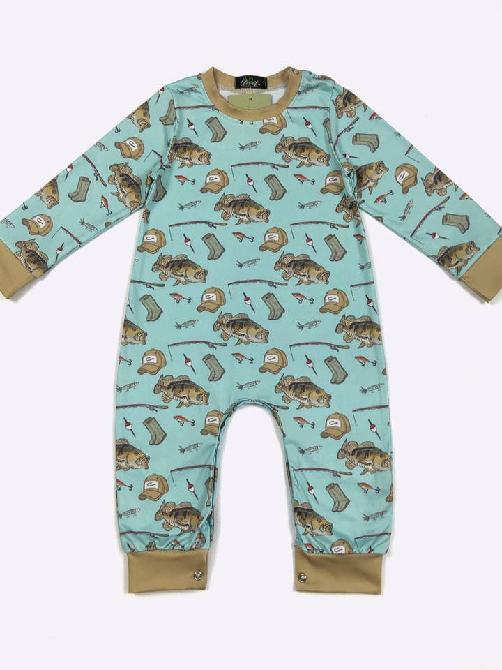 Aqua Fishing Boy Romper for wholesale by Clover Cottage