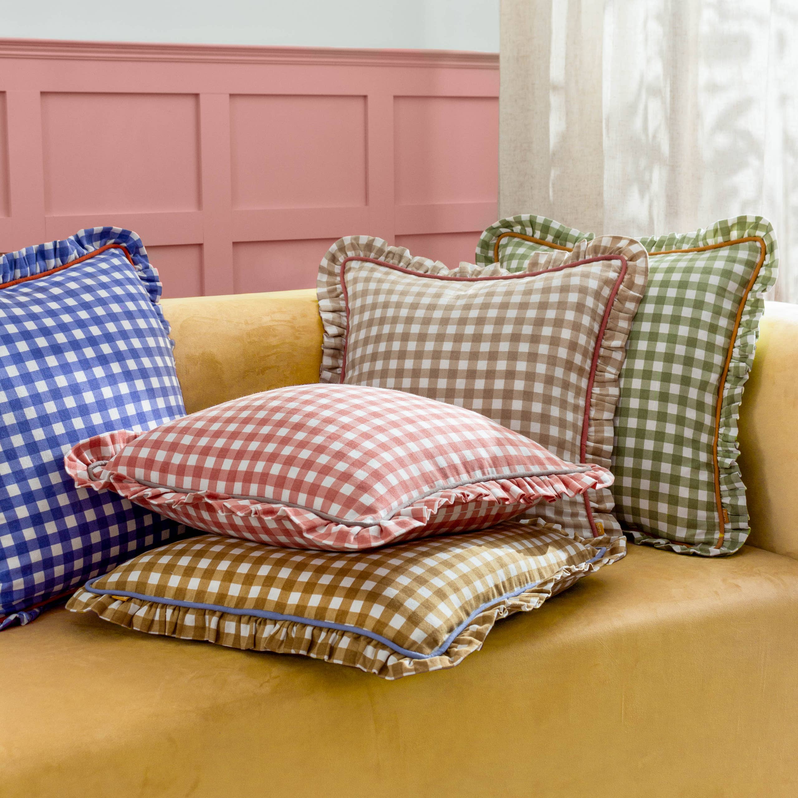 Maude Gingham Reversible Piped Cushion Natural for wholesale on Faire6