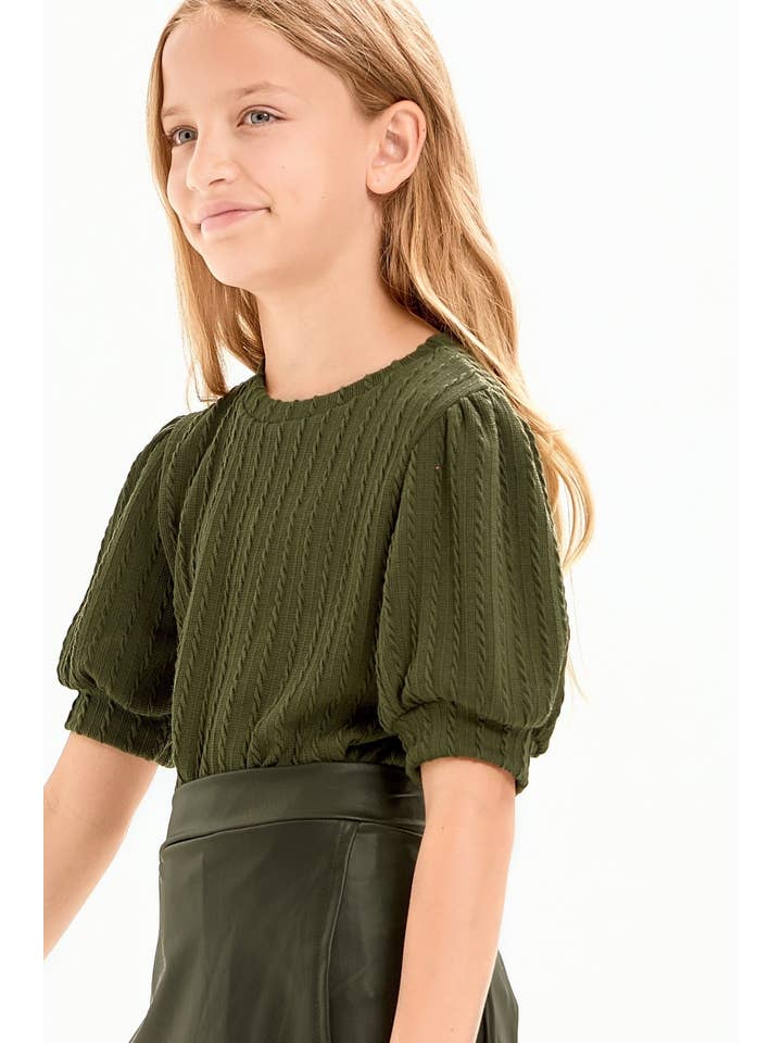 Good Girl - Wholesale T-Shirt - Kids - Embossed Knit Short Puff Sleeves Top