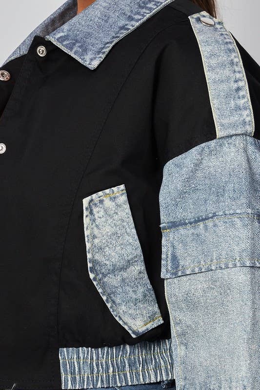 House of E ATL LLC – wholesale Denim jacket – Women's – Denim Contrast Crop Button Up Jacket - HOEA9744