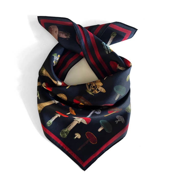Curious Prints - Wholesale Scarf - Women's - 100% Silk Scarf Vintage Black Mushroom Bandana 17x17