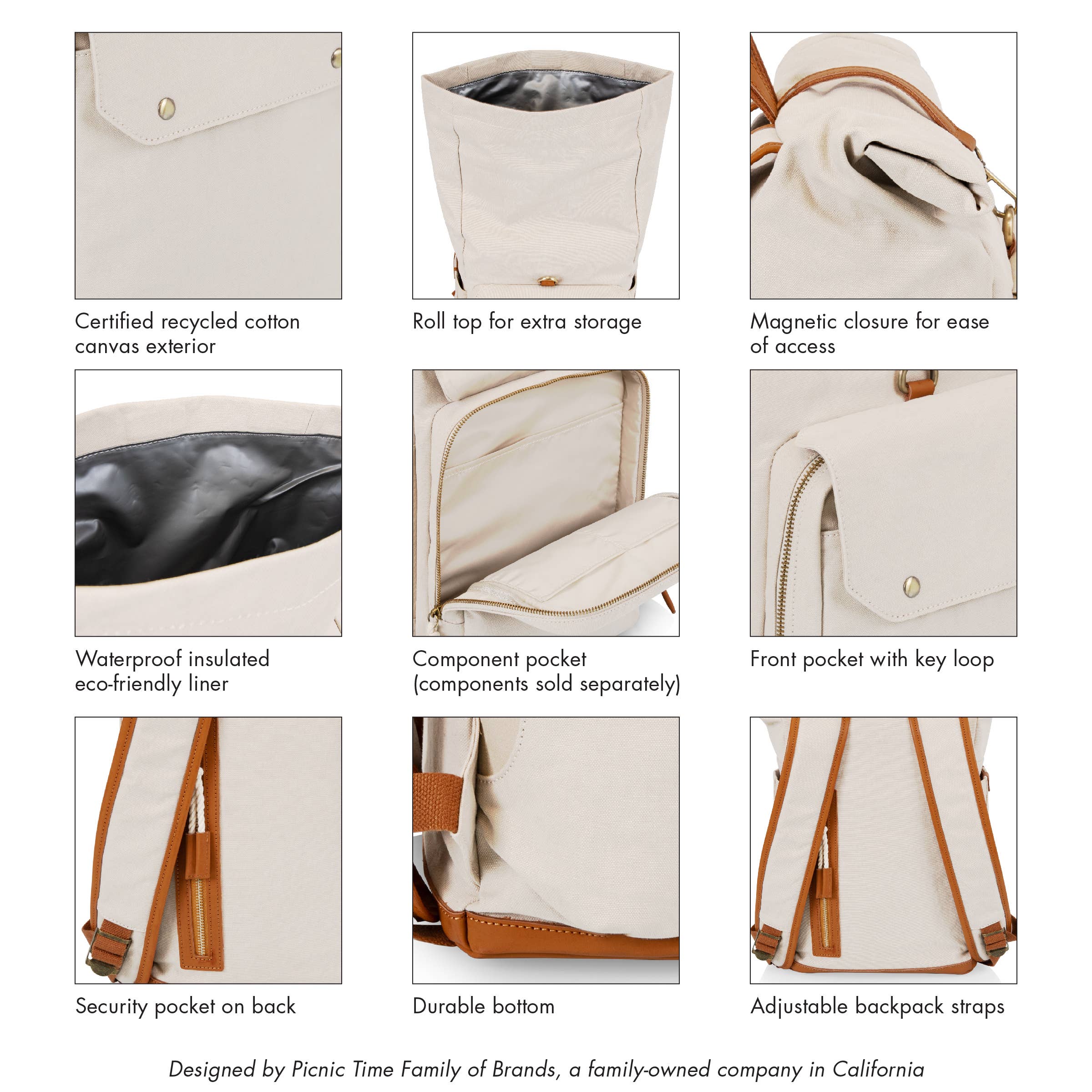 Picnic Time Family of Brands - Wholesale Cooler/Cooler Bag - Carmel Roll Top Picnic Backpack Cooler with Components13