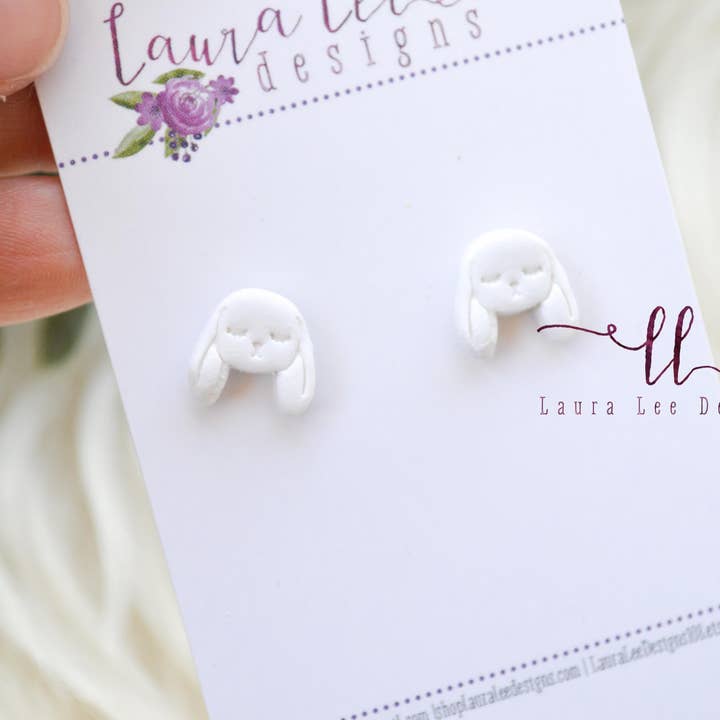 White Floppy Ear Bunny Stud Earrings || Clay Studs for wholesale by Laura Lee Designs